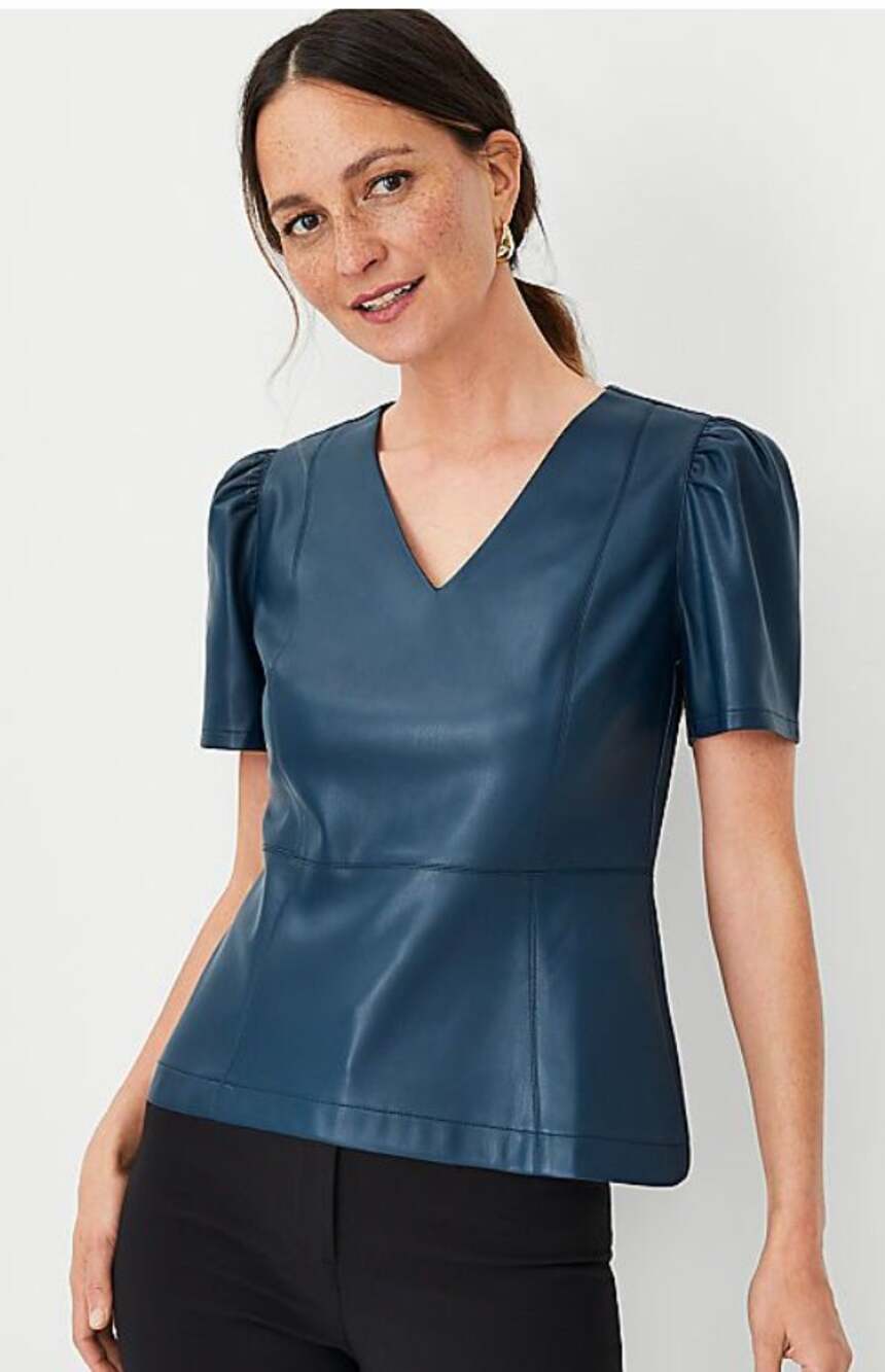 Ann Taylor Faux Leather Puff Sleeve Peplum Top Midnight Spruce Teal Women's M